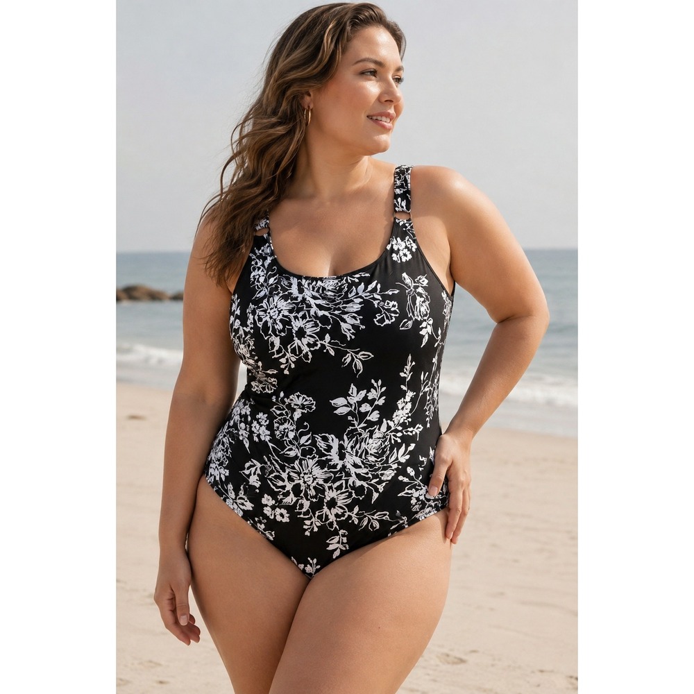 Swim365 Floral One Piece Swimsuit Tropical Resort Beach Vaca Black White Size 22